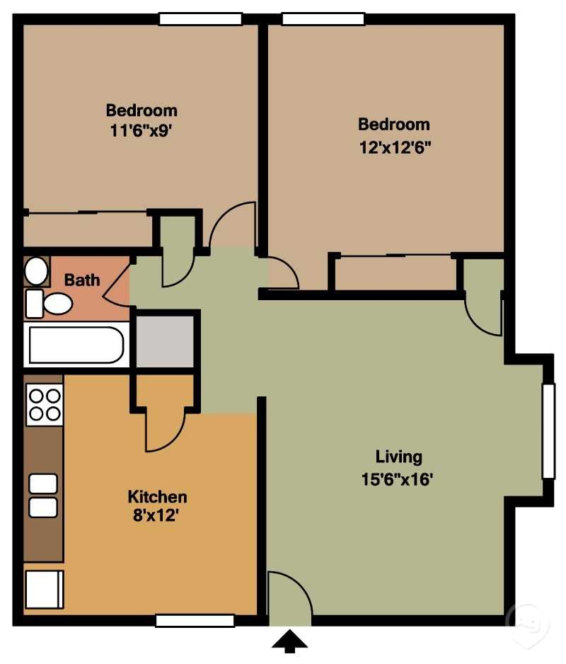 Floor plan for 2 beds, 1 bath, 810 sqft